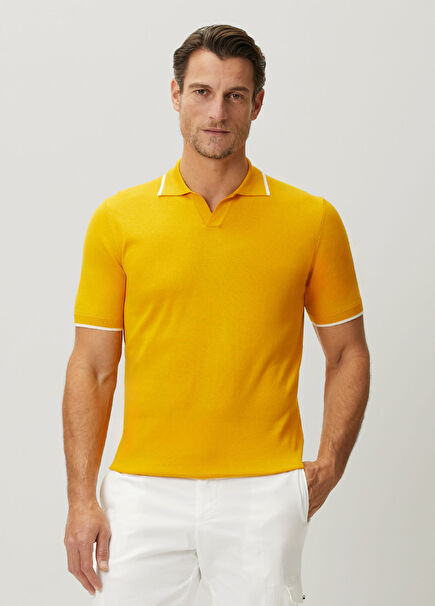 Koyu Sarı Polo Yaka Kısa Kollu İpek Triko