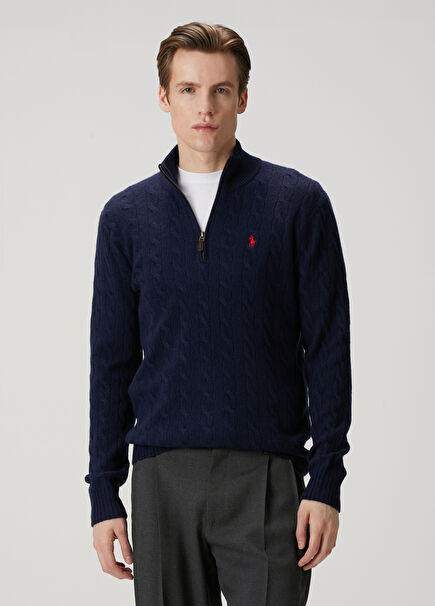 Navy Blue Collar Zippered Wool Sweater