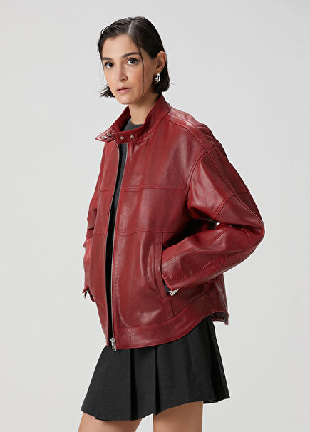 Kırmızı Deri Biker Mont