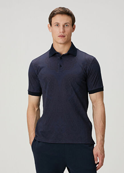 Lacivert Polo Yaka Çiçek Desenli T-shirt