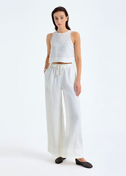 Rina Beyaz Keten Yüksek Bel Geniş Paça Kadın Pantolon