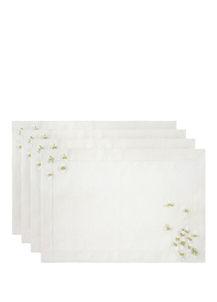 Green Garden Nakışlı Kırık Beyaz Keten 4'lü Amerikan Servisi Seti