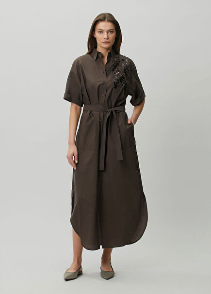 Koyu Kahverengi İşlemeli Midi Elbise