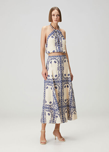 Lucena Ecru Blue Midi Skirt