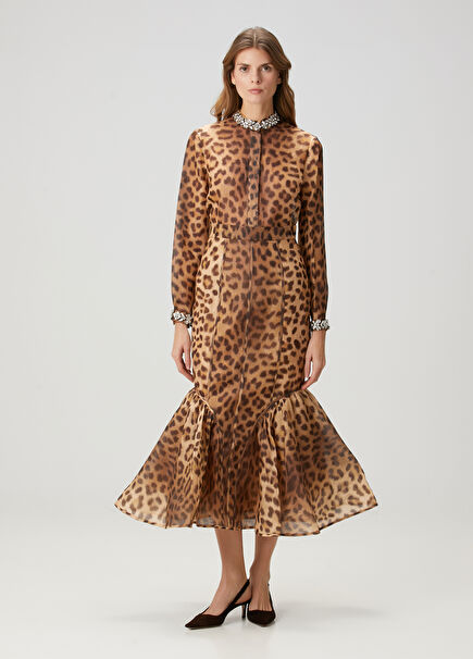 Crush Leopard Printed Midi Linen Skirt