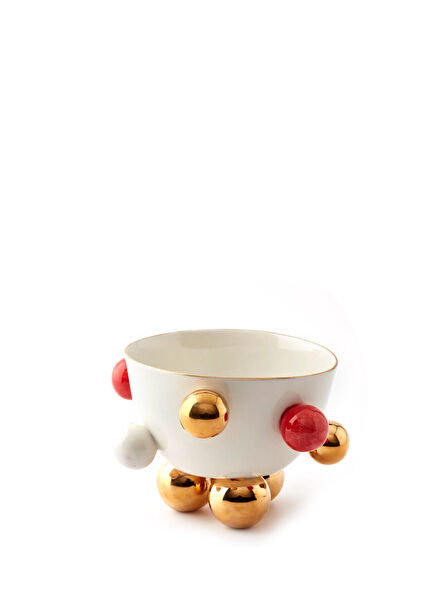 Cosmos Altın ve Kırmızı Dekorlu El Yapımı Porselen Kase