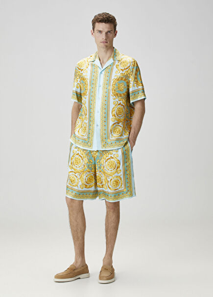 Yellow Blue Patterned Silk Bermuda