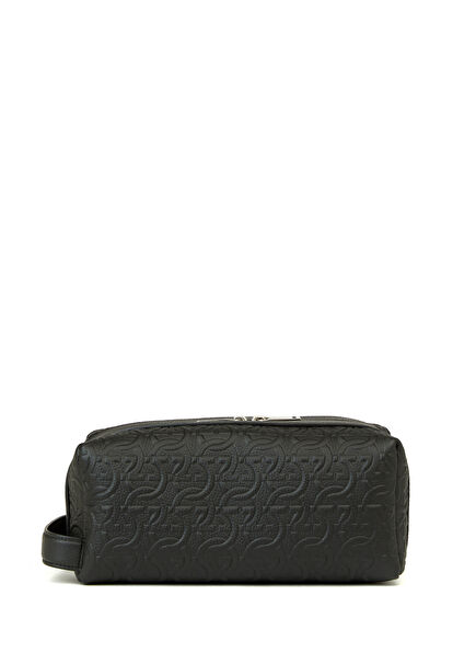 Black Logo Textured Leather Shaving Bag