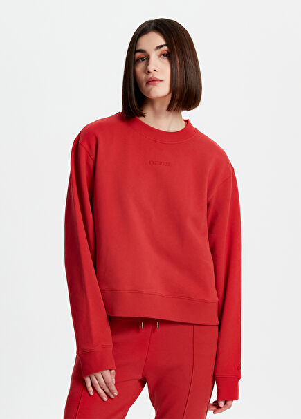 Kırmızı Klasik Bisiklet Yaka Kadın Sweatshirt