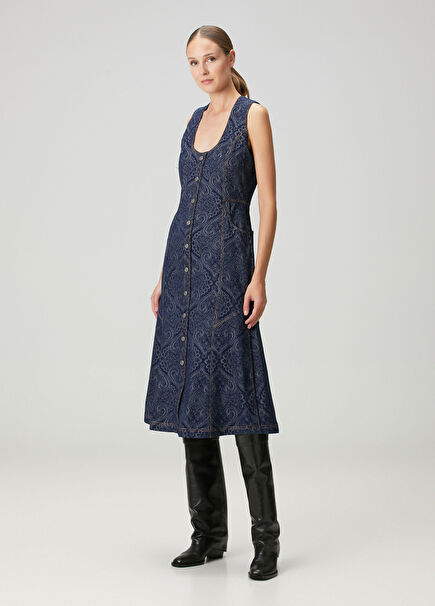 Koyu Mavi Jakarlı Midi Denim Elbise