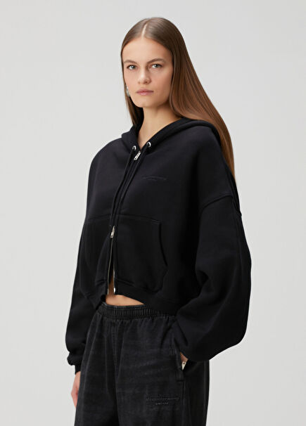 Siyah Kapüşonlu Fermuarlı Sweatshirt