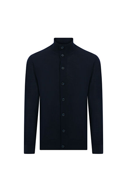Samarate Navy Blue Wool Slim Fit Men's Cardigan