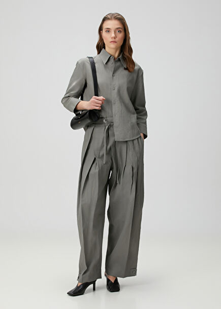 Khaki Pleated Linen Pants
