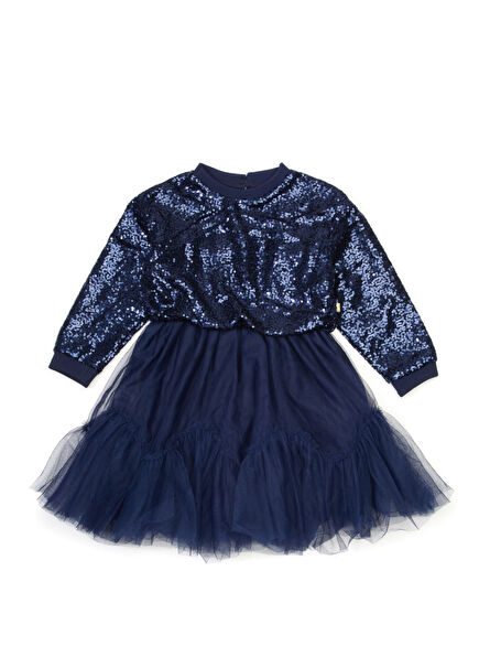 Lacivert Payetli Kız Çocuk Elbise