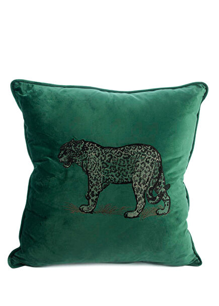 Leopard Embroidered Green Velvet Cushion 55x55 cm