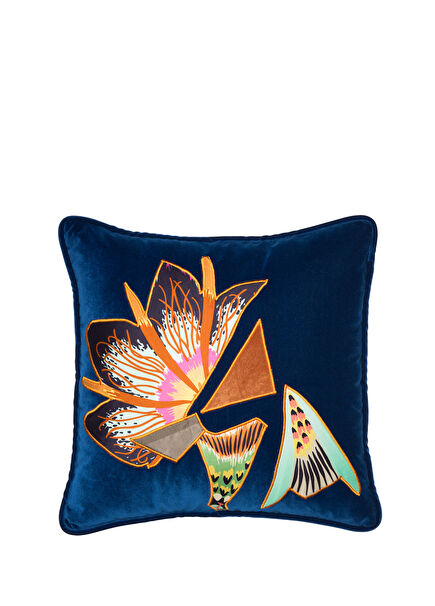 Applique Detailed Teal Blue Velvet Pillow 45x45 cm