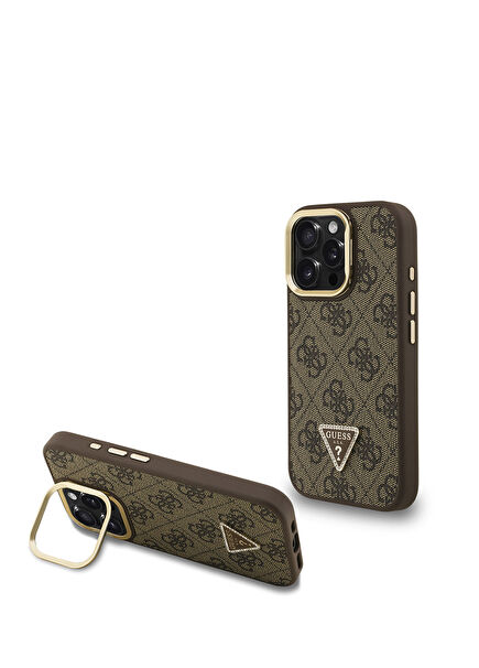 iPhone 16 Pro Brown Leather Stone Triangle Logo 4G Patterned Phone Case with Camera Stand