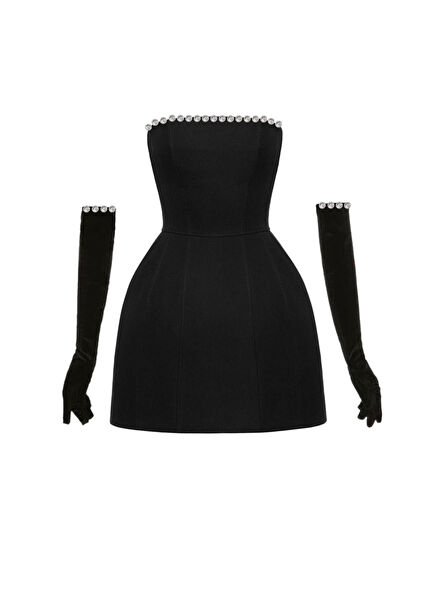 Siyah Kadife Eldivenli Taş Detaylı Mini Kadın Abiye Elbise