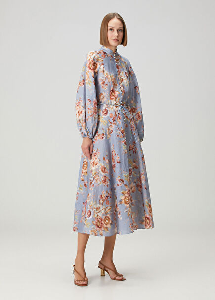 Awaken Frilled Mavi Çiçekli Midi Elbise
