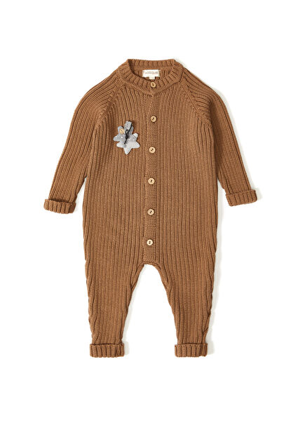 Long-Sleeved Buttoned Organic Cotton Coffee Jumpsuit