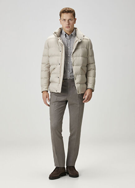 Brown Herringbone Patterned Wool Pants