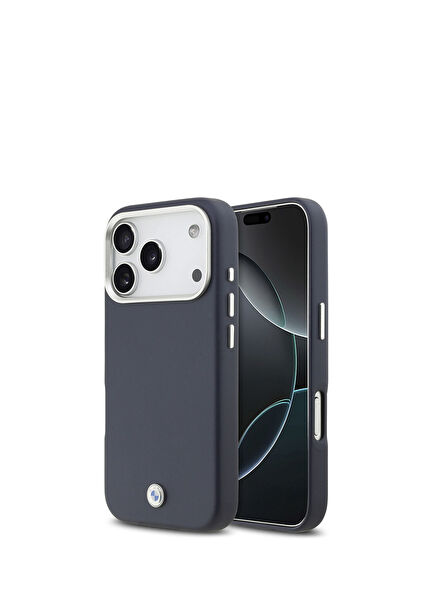 iPhone 17 Pro Metal Logo Leather Navy Blue Magsafe Compatible Phone Case