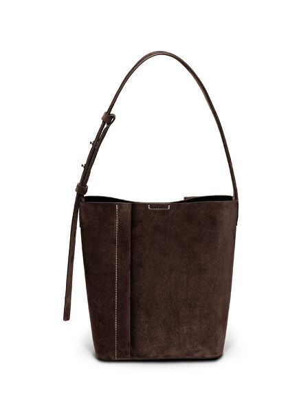 The Medium Tote Plissé Women's Shoulder Bag in Brown Suede