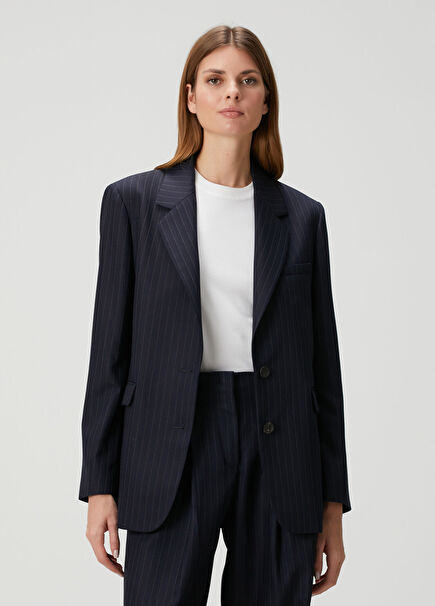Lacivert Çizgili Yün Blazer
