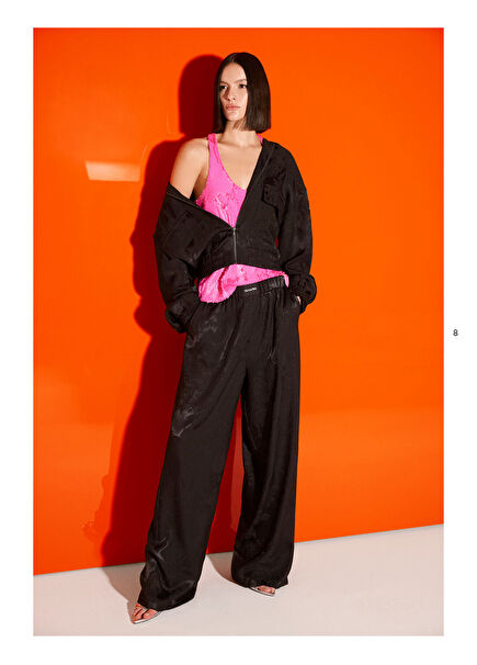 Siyah Crop Saten Bomber Ceket