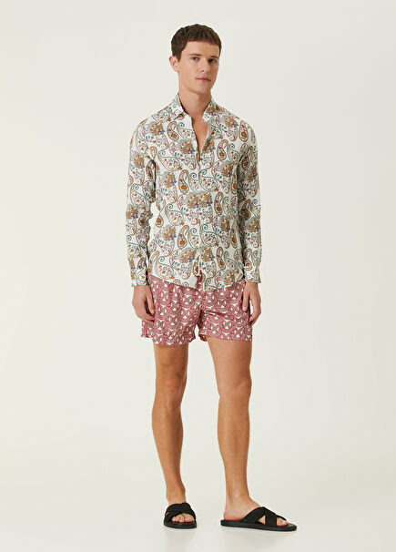 Red And White Geometric Patterned Shorts With Cord