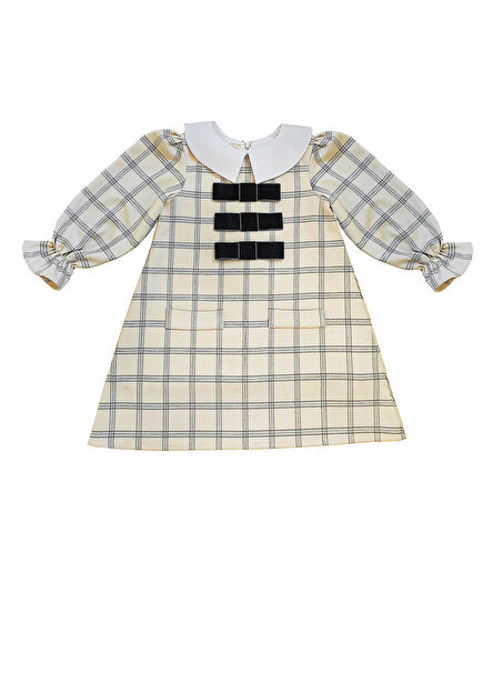 Ecru Velvet Bow Detailed Long Sleeve Girls' Dress
