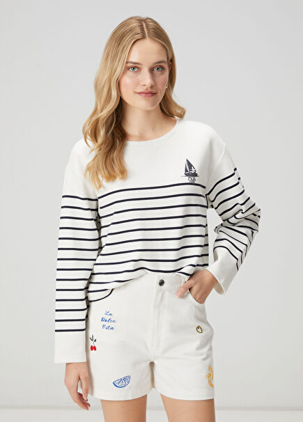Navy and White Printed Striped Sweatshirt