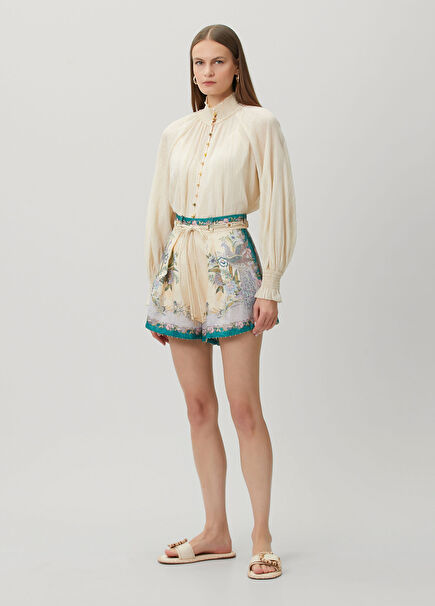 Cream Blue Linen Shorts