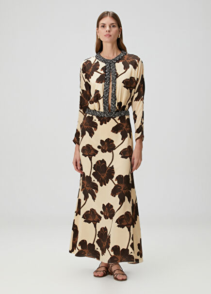 Çok Renkli Bej Çiçek Desenli Midi İpek Elbise