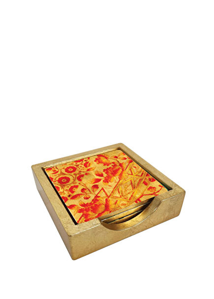 Gilded Porcelain Coral and Gold Coaster Set of 4