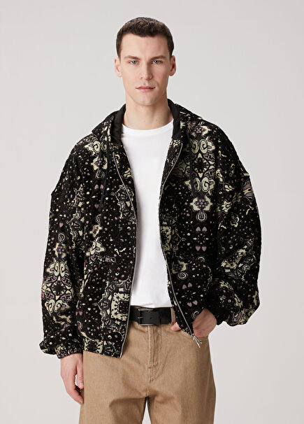 Siyah Kapüşonlu Etnik Desen Jakarlı Sweatshirt