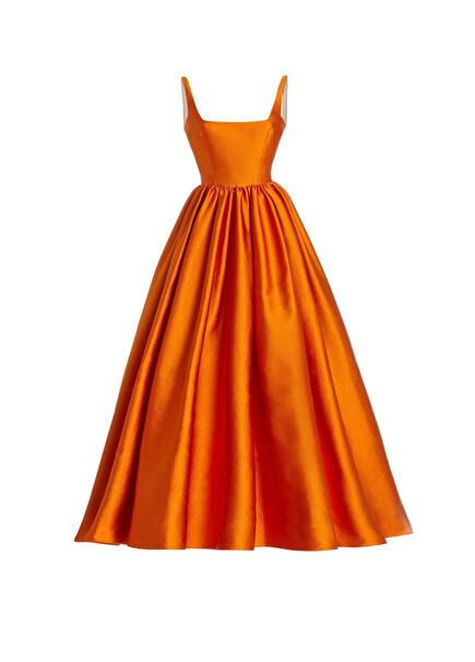 Galia Kare Yaka Askılı Prenses Turuncu Kadın Abiye Elbise