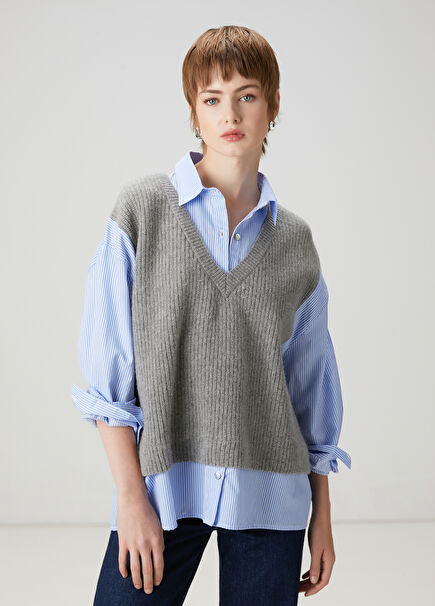 Blue Grey Shirt Detailed Sweater