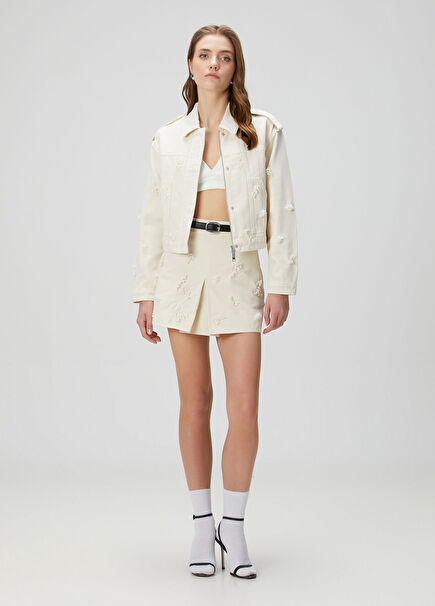 Krem İşlemeli Mini Denim Etek