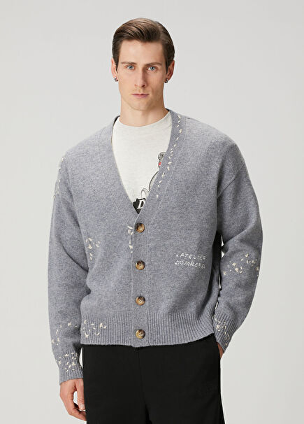 Grey Logo Embroidered Wool Knit Cardigan