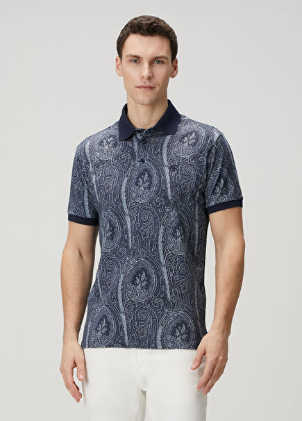Navy Blue Ethnic Patterned Polo T-Shirt