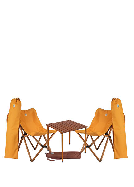 Ahşap Kahverengi Hardal Katlanır Kamp Masa ve Sandalye Seti 60x60x55 cm