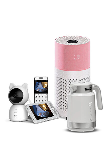 Wifi Mobil Kontrollü Ekranlı Bebek Kamerası + Pembe Hava Temizleyici ve Akıllı Kettle 3'lü Set