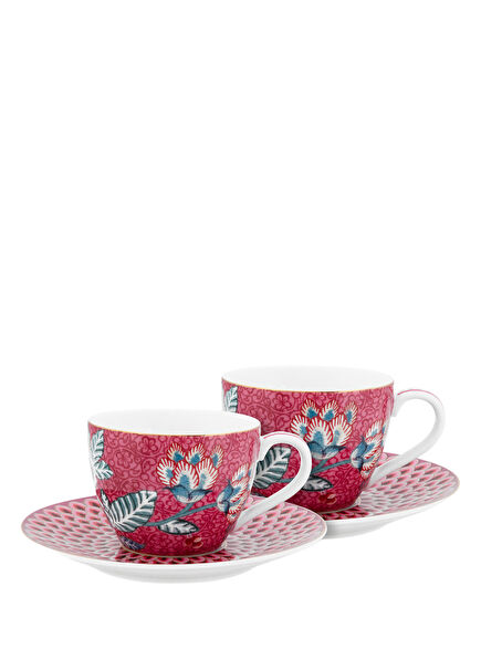 Flower Festival Red Patterned Porcelain Set of 2 Coffee Cups and Saucers