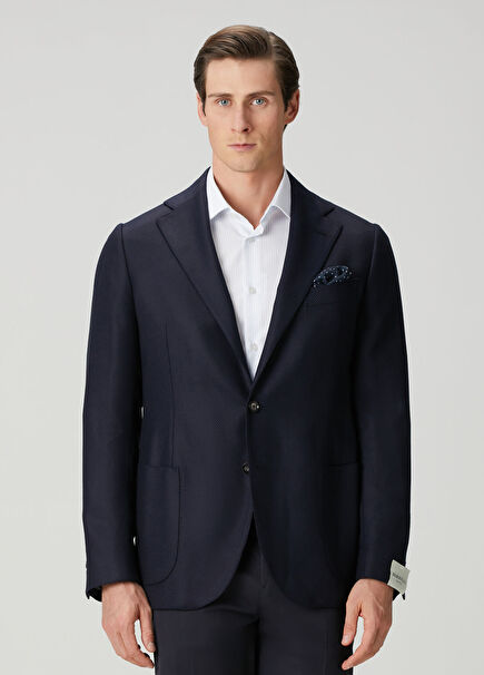 Navy Blue Textured Wool Jacket