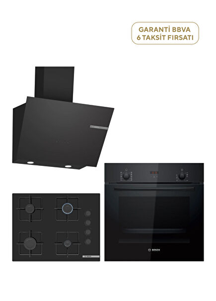 HBF512BB1T Serie 2 Siyah Ankastre Fırın + POP7C6P30O Serie 4 Siyah Gazlı Ocak + DWK66PJ60T Serie 4 Siyah Duvar Tipi Davlumbaz Ankastre Set