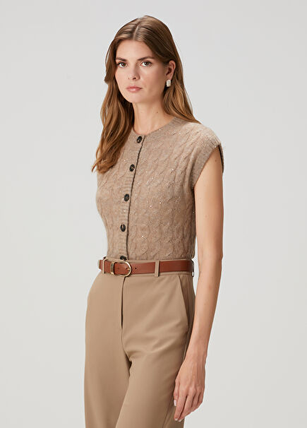 Taupe Sequined Cable Knit Sweater