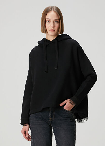 Nia Siyah Kapüşonlu Dantelli Sweatshirt