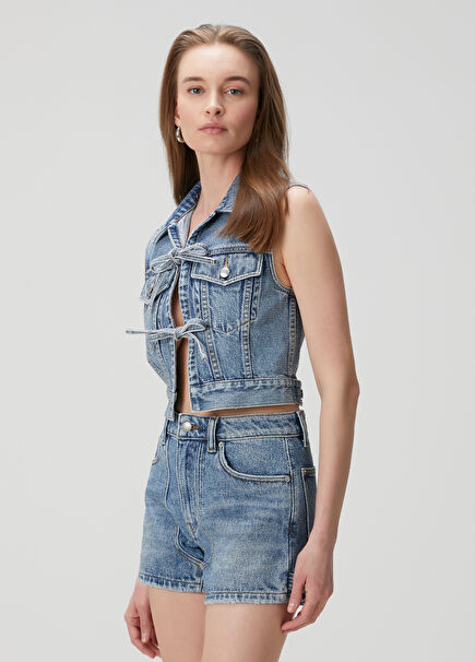 Blue Embellished Denim Vest