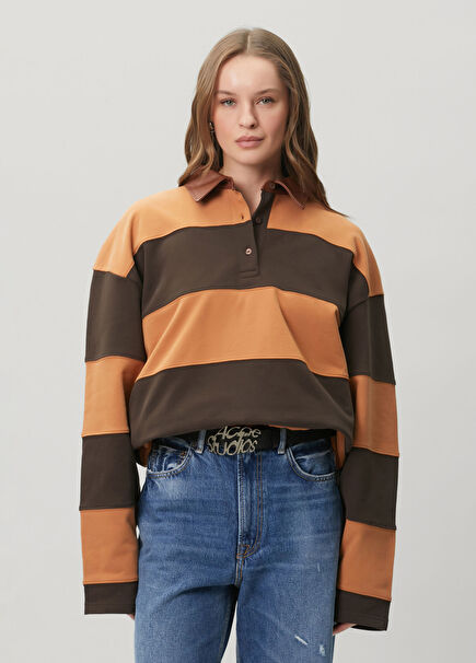 Kahverengi Çizgili Polo Sweatshirt